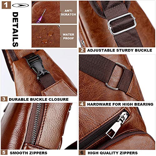 Peicees Leather Sling Bag Mens Crossbody Chest Bag Sling Backpack with USB Charge Port