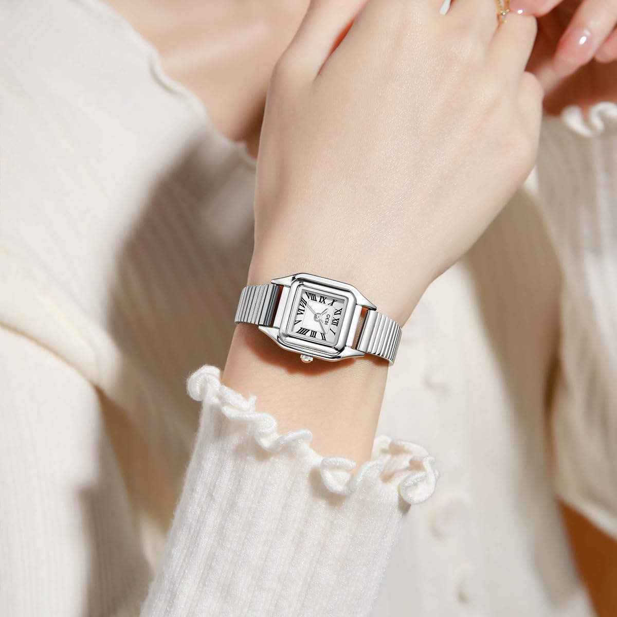 BESTKANG Women Watch Square Stainless Steel Waterproof Analog Quartz Roman Numerals Watch (Silver)