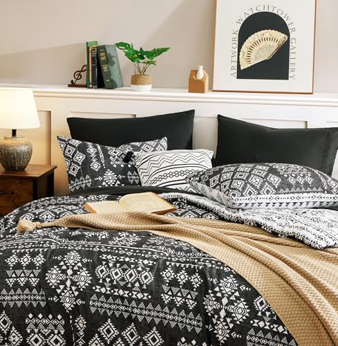 Geniospin Twin Comforter Set - 5 Pieces Comforters Twin Size, Fluffy Boho Bedding Sets for All Seasons, Bed in a Bag with Flat Sheet and Fitted Sheet, Pillowcase & Sham (Black and White, 66''x86'')