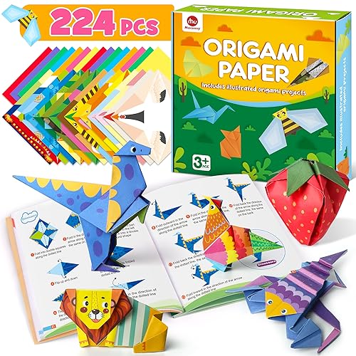 Mocoosy 224 Sheets Origami Paper Kit for Kids Ages 8-12, Square Color Folding Paper Set with 72 Pattern & Origami Book, Art and Craft Supplies Boys Girls 5-8 9-12 Car Travel Road Trip Game Activities