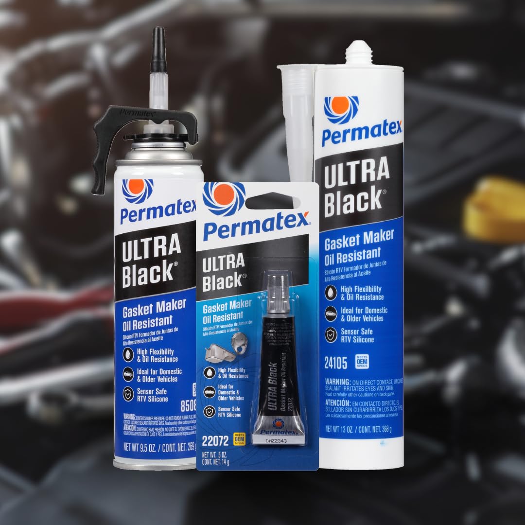 Permatex 22072 Ultra Black Maximum Oil Resistance RTV Silicone Gasket Maker, Sensor Safe And Non-Corrosive, For High Flex And Oil Resistant Applications 0.5 oz