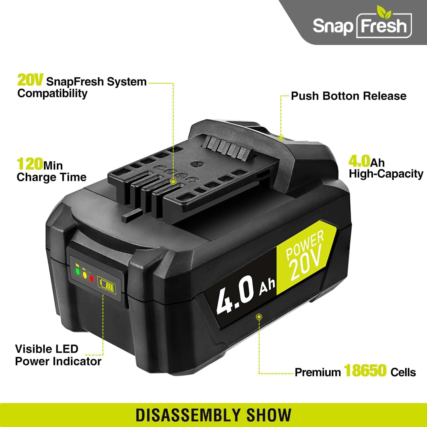 SnapFresh 20V 4.0Ah Li-ion Battery, (Not Compatible with Other Brands), Lithium-Ion Battery Support Fast Charging(BBT-DC40A)
