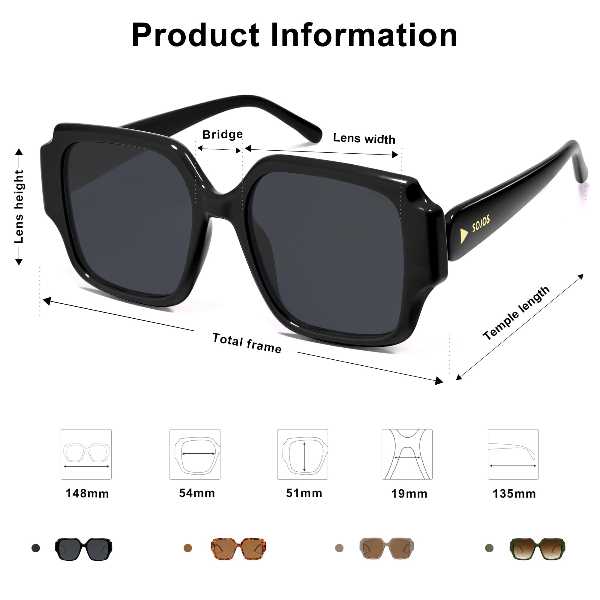 SOJOS Big Retro Square Polarized Sunglasses Womens Mens 70s 80s Vintage Oversized Sunnies SJ2359, Black/Grey