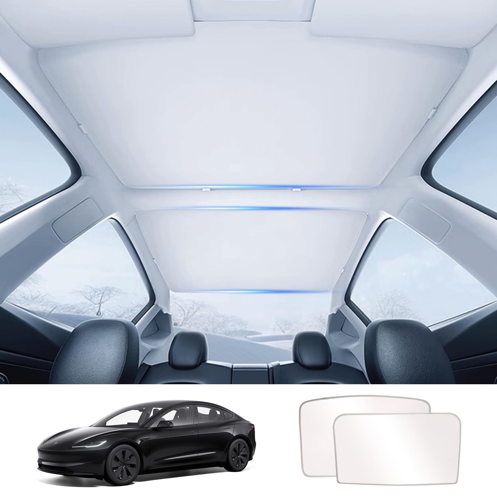 ZeroPone Roof Sunshade for Tesla Model 3 2024, Sunroof Windshield Shade, Foldable Tesla Model 3 2024 Refresh Roof Sunshade, Front & Rear Top Glass Sun Shade