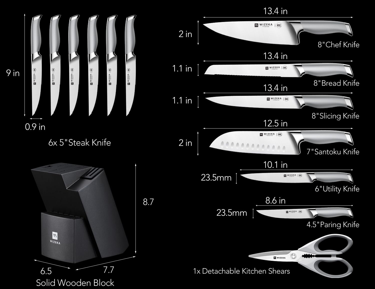 Kitchen Knife Set with Block, 15PCS Easy-Care Knife Block Set with Sharpener, One-Piece German Stainless Steel Kitchen Knives, Silver Wings Series