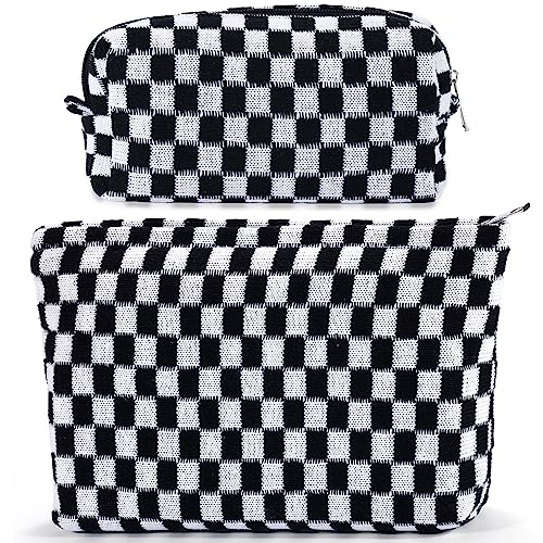 ZLFSRQ 2Pcs Checkered Makeup Bag for Women Large Capacity Cosmetic Bag Set Travel Makeup Pouch for Purse Zipper Toiletry Organizer Cute Y2K Aesthetic Trendy Makeup Brushes Storage Bag(Pink/Brown)