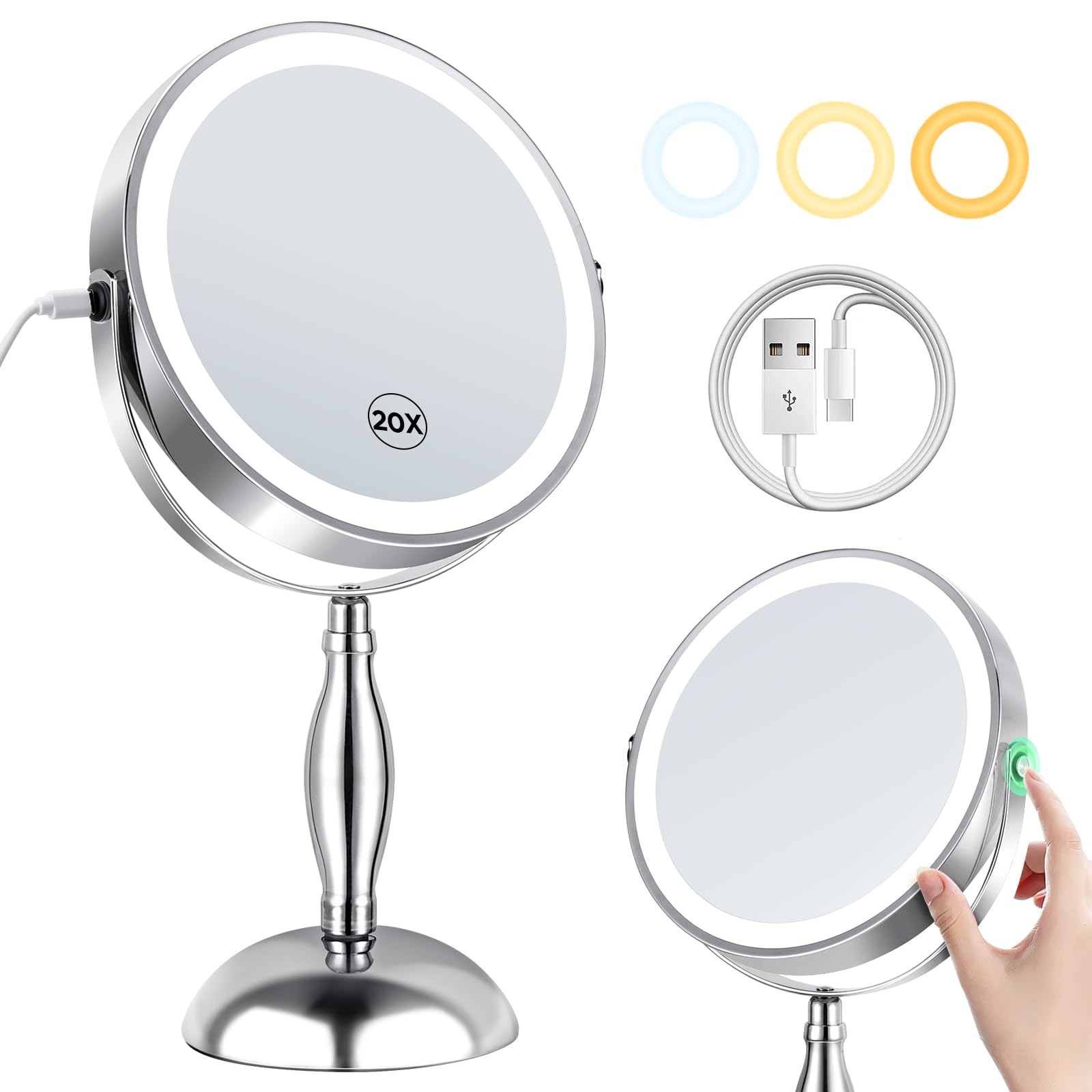 20X Magnifying Mirror with Light, Makeup Mirror with Lights: SCT- Side Charging & Side Touch Switch, Vanity Mirror with 3 Color Light and 2-Side 360° Rotation Double Sided Standing Desk Mirror