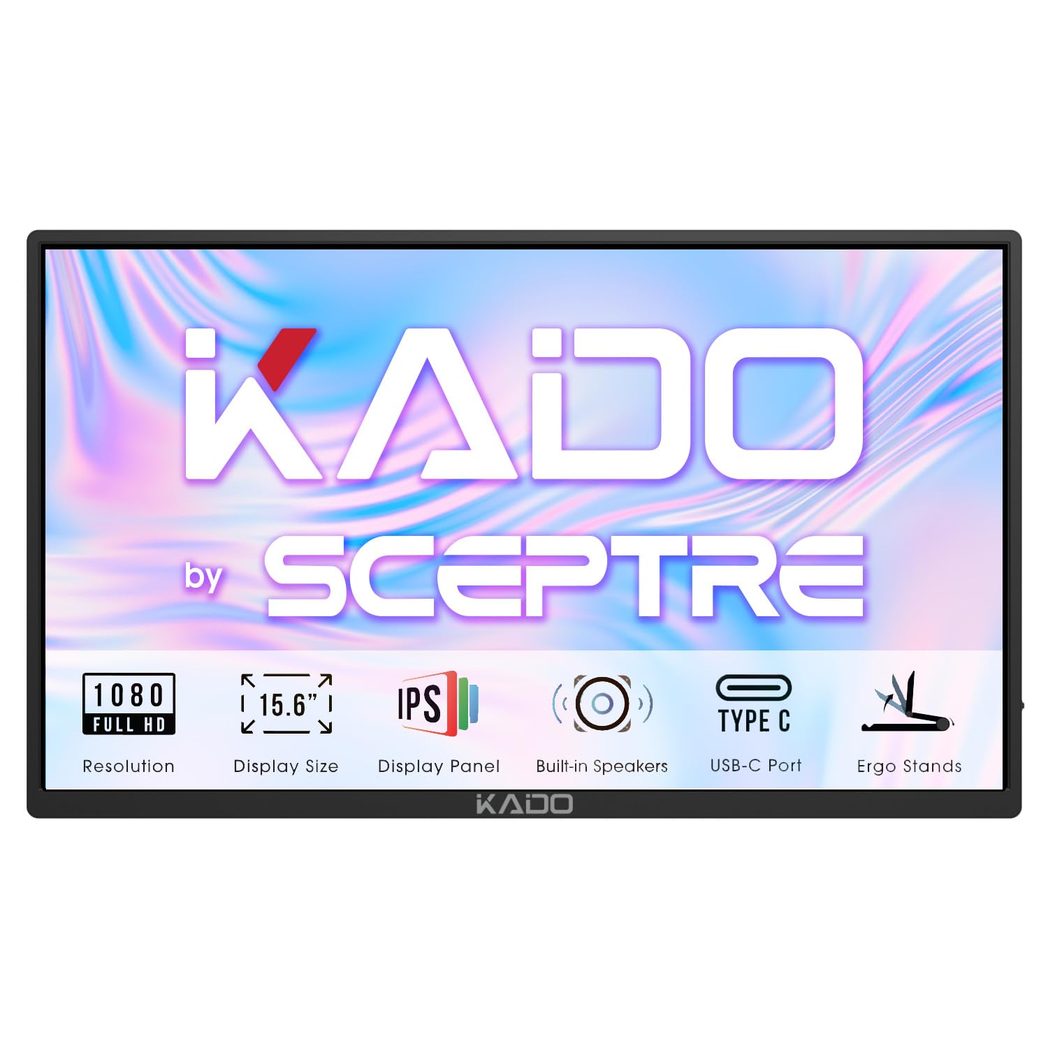 Kado Portable Monitor for Laptop, 15.6" IPS 1920x1080 HDMI Dual USB Type-C Laptop Screen Extender Second Display Ergo Stand Built-In Speakers for PC, Mac, Tablet, Xbox, PS4/PS5 and Switch (K165W-FPNT)