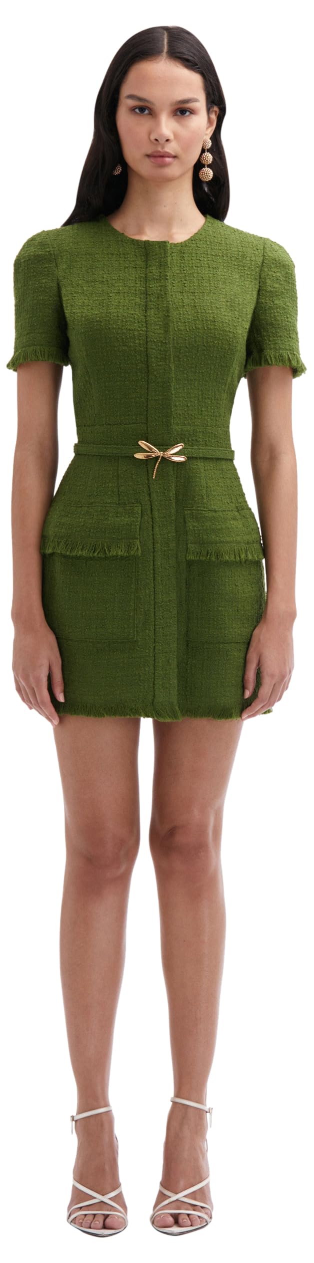 Oscar de la Renta, Dragonfly Belt Tweed Dress, Fern, 12