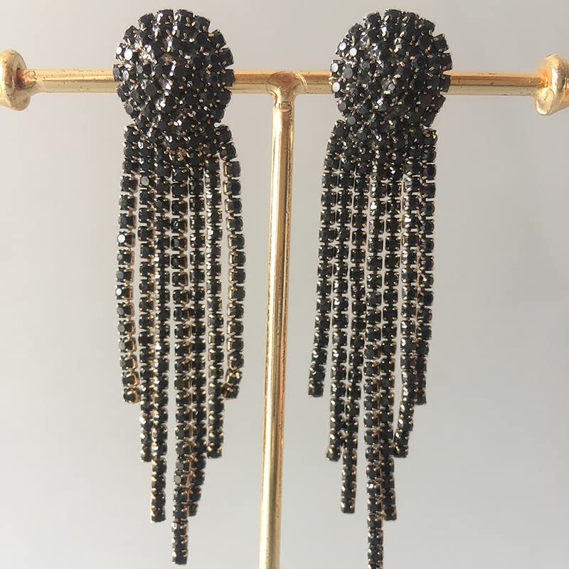 Mlouye Rhinestone Earrings Dangling for Women, Dangle Earrings Long Tassel Crystal Chandelier Drop Earrings for Prom Party Black