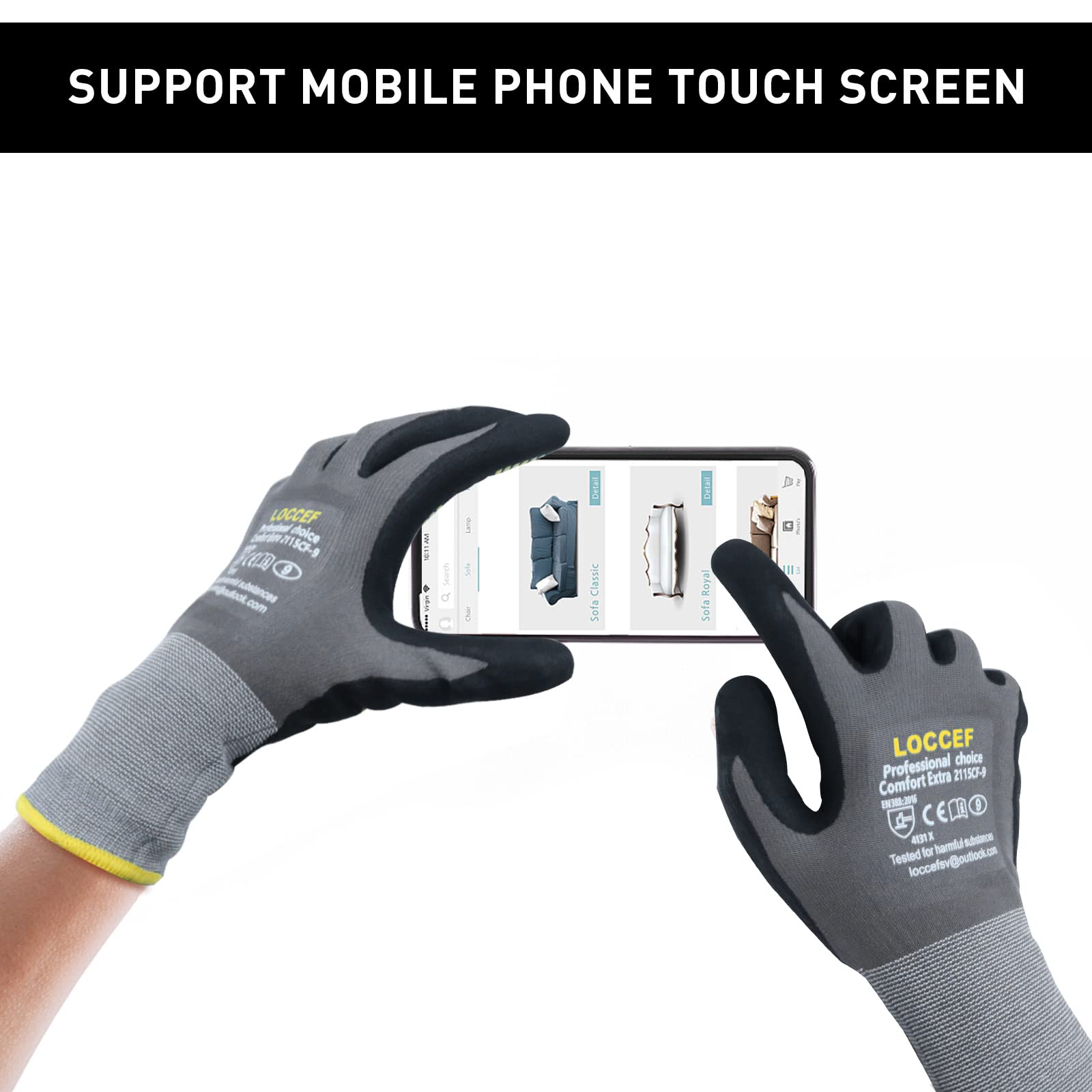 LOCCEF Endurance Knit Work Gloves MicroFoam Nitrile Coated-6 Pairs,Tacky Dot Grip, Multi Purpose,Micro-Foam Gloves(8-M)