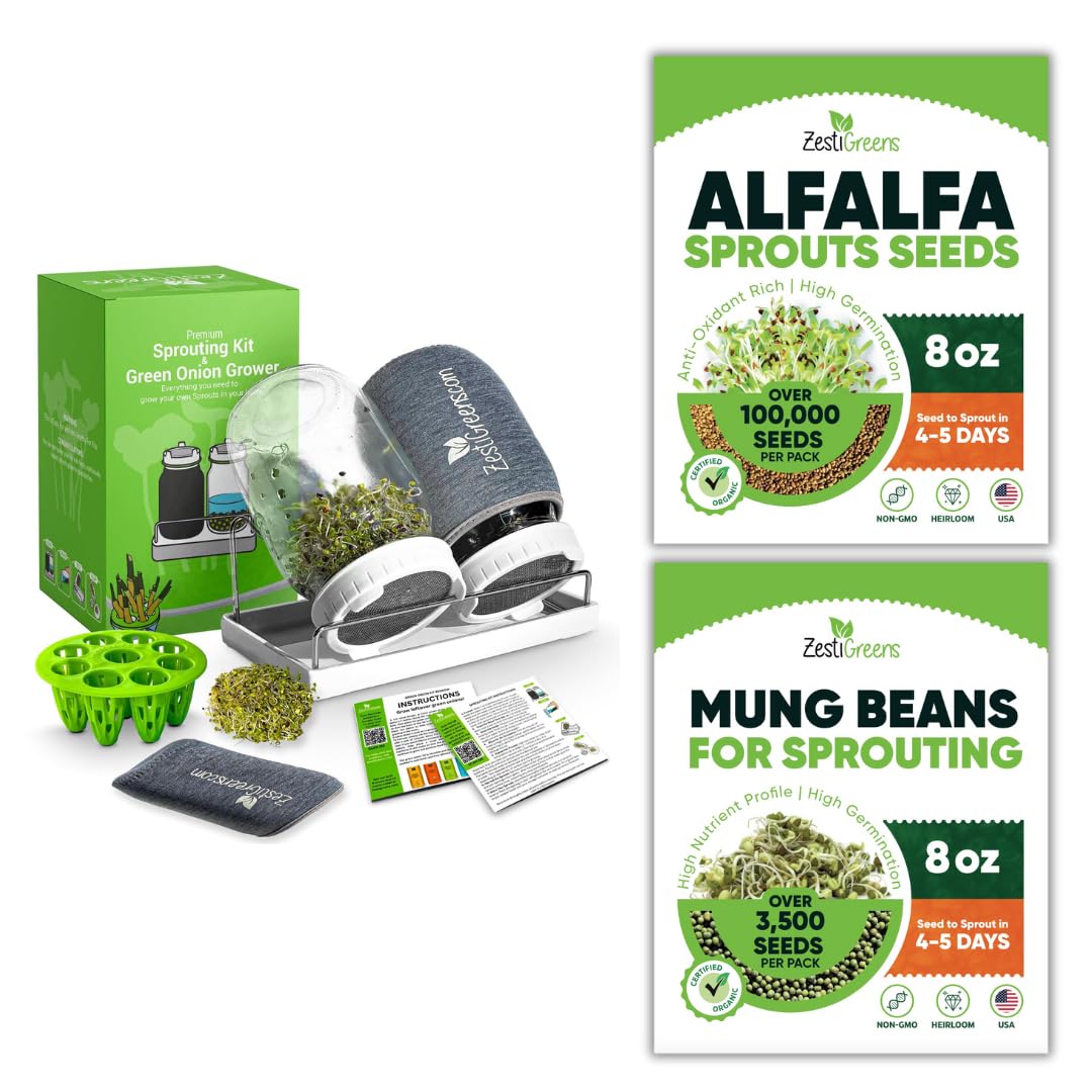 Premium Sprouts Growing Kit & Green Onion Regrower with 2 Mason Jars & Superior Sprout lids, Premium USA Alfalfa Seeds and Premium Mung Bean Sprouting Seeds