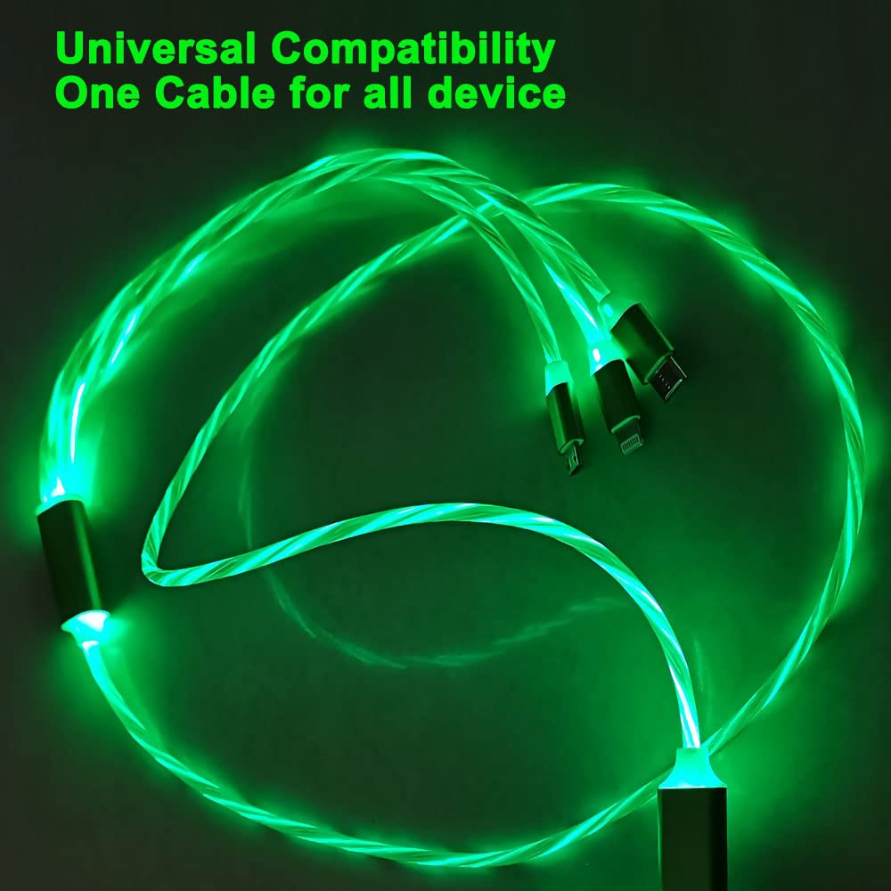 AYI 3 in 1 Multi Connectors Charger Cable Micro USB/Type C PD Fast Charging Cord Visible Lighted Up Green LED Current Flowing Compatible with Almost All Kinds of Electric Products-Green 39 inch