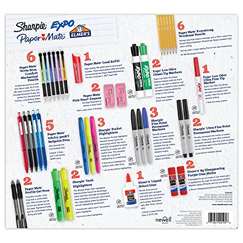 School Supplies Kit, Highlighters, Mechanical Pencils, Glue Sticks, Erasers, Permanent Markers, Gel Pens, Pencils, School Glue and more from Sharpie, Elmer’s, Paper Mate, & Expo, 38 pieces