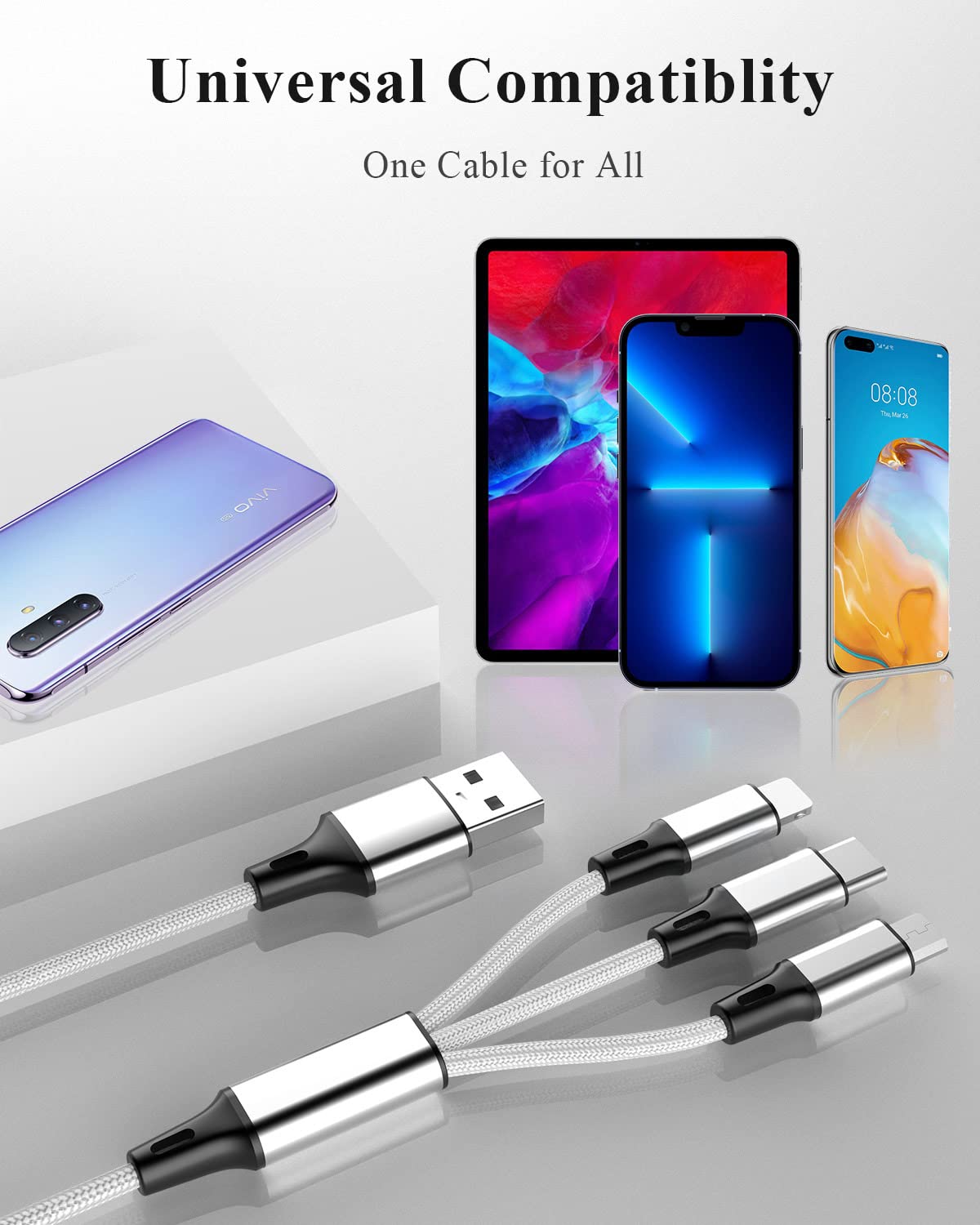Multi Charging Cable, (3Pack 1FT) Short Multi USB Charger Cable Aluminum Braided 3 in 1 Universal Multiple Charging Cord with Type-C/Micro USB Connectors for Cell Phones Tablets (Charging Only)
