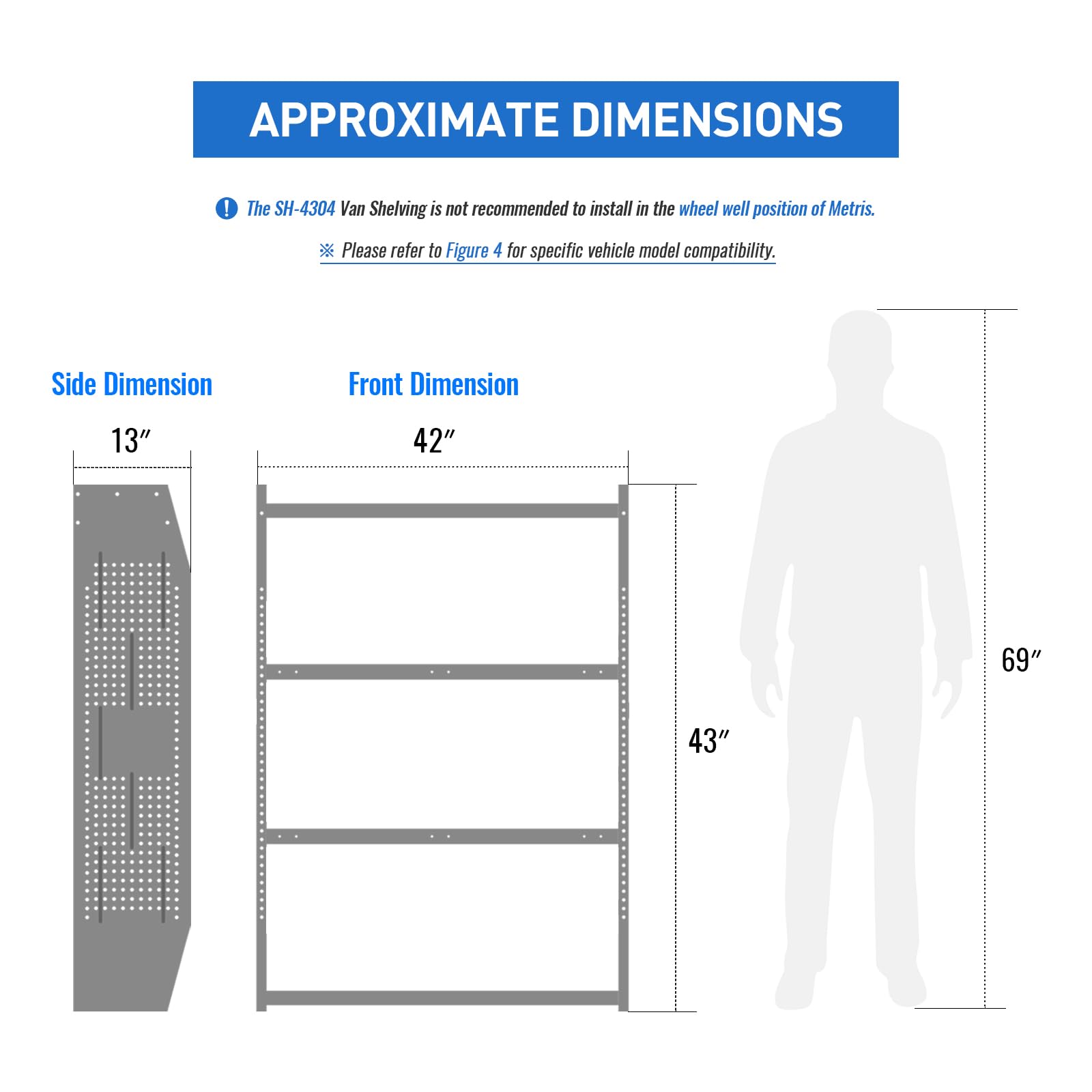 AA Products SH-4304 Steel Van Shelving Storage System Fits for NV200, Transit Connect 2014+, Promaster City and Chevy City Express, Contoured Shelving Unit, 42" W x 43" H x 13" D