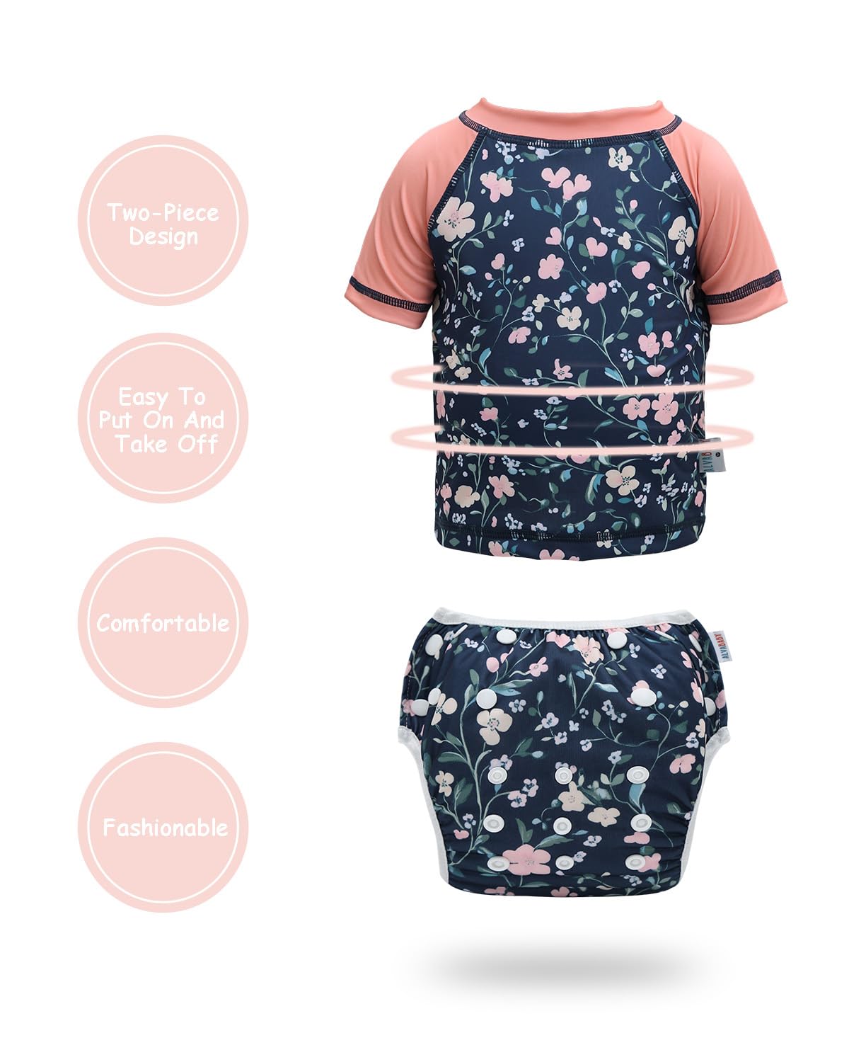 ALVABABY 2-Piece Baby Girl Swimsuit,Infant Toddler Bathing Short Sleeve Swimwear,Baby Reusable Swim Diaper with Matching Top 2T SWCJ12