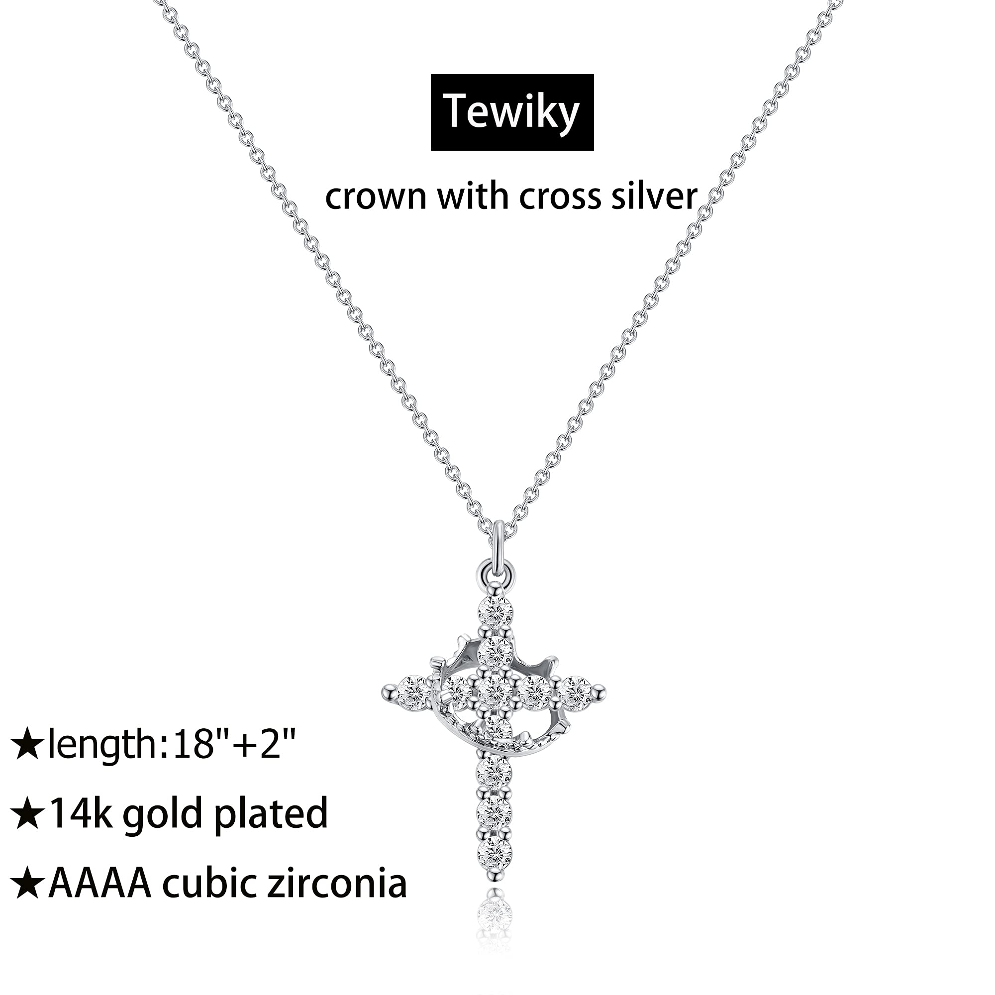 Tewiky Crown Cross Necklace for women-Dainty 14k Gold Cubic Zirconia Pendant Necklaces Simple Gold Cross Pendant Necklace Cute Tiny Gold Jewelry