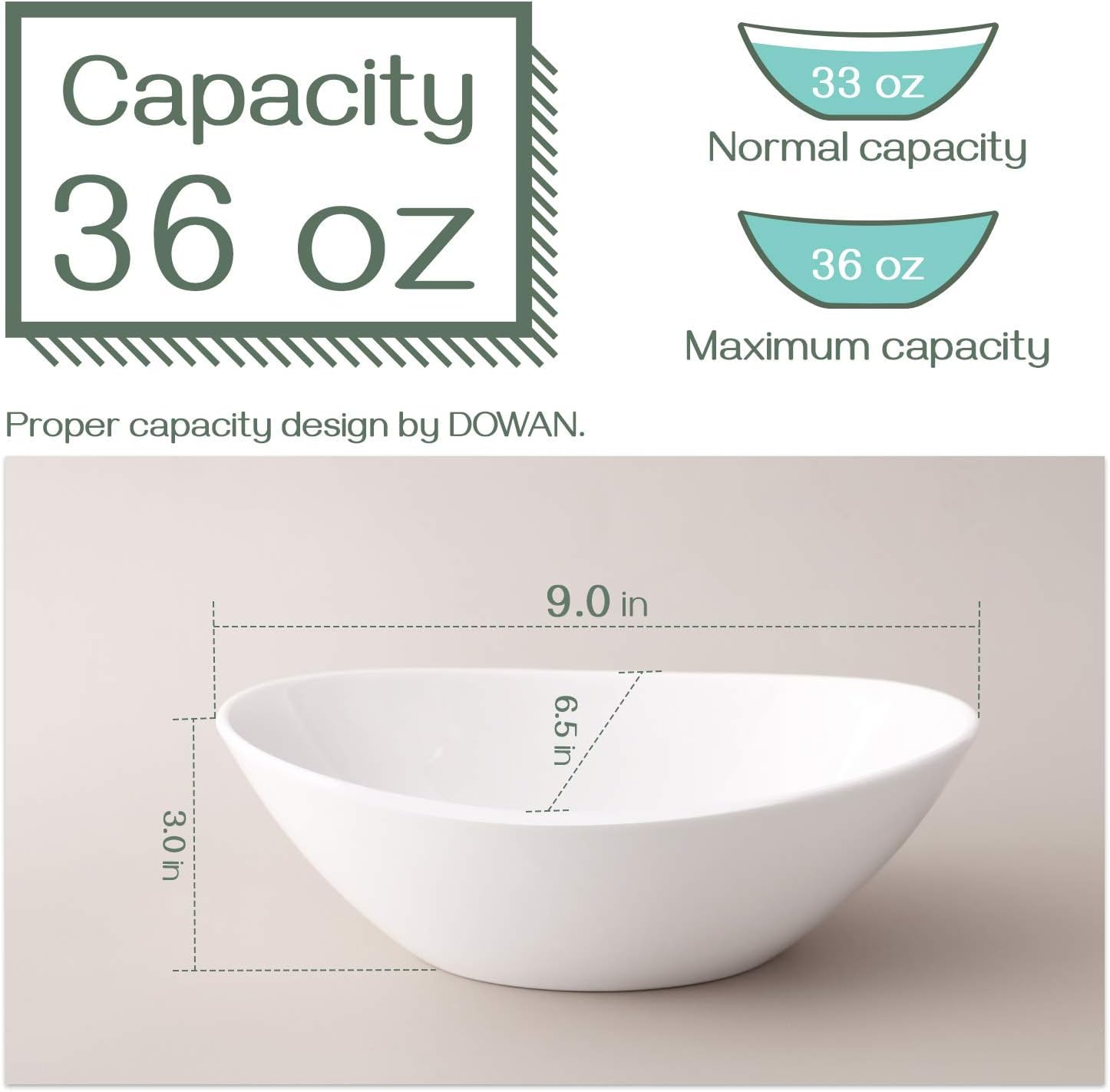 DOWAN 9" Serving Bowls, Large Serving Dishes for Wedding and Dinner Parties, 36 Oz for Salad, Side Dishes, Pasta, Oval Shape, Microwave & Dishwasher Safe, Set of 4, White