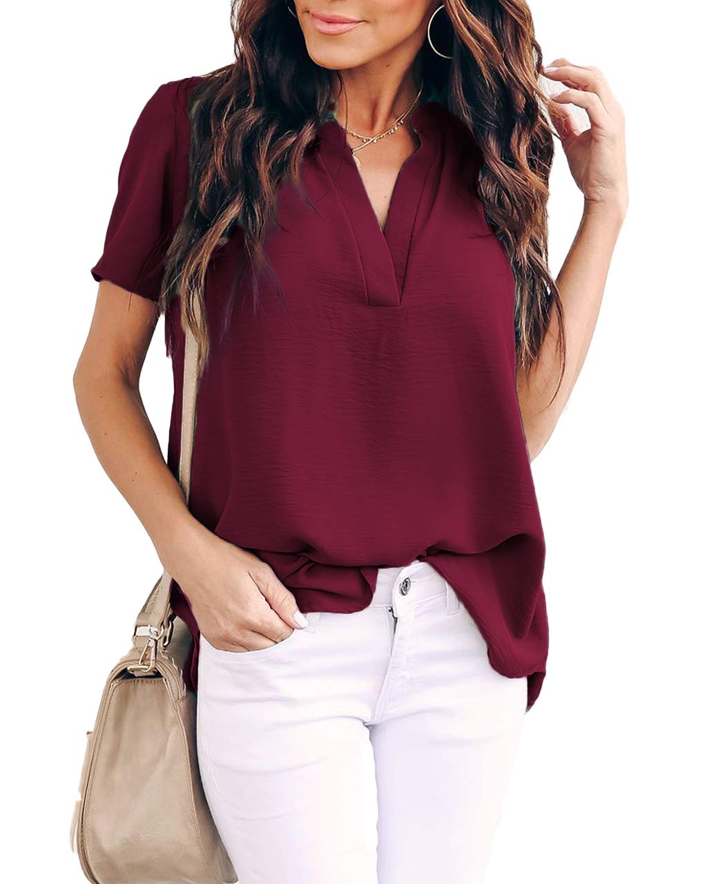 Allimy Women Summer Clothes Shirt V Neck Short Sleeve Tops Fashion 2025 Blouses Wine Large