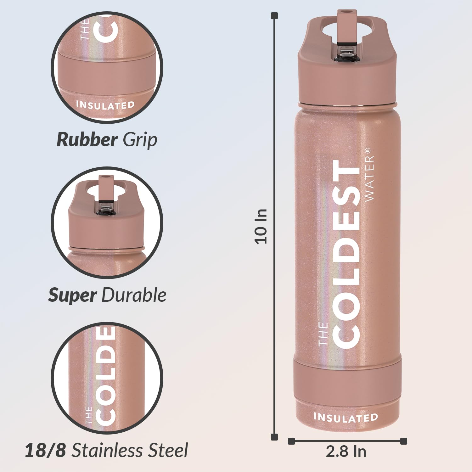 Coldest Sports Water Bottle with Straw Lid Vacuum Insulated Stainless Steel Metal Thermos Bottles Reusable Leak Proof Flask for Sports Gym (24 oz, Golden Rose Glitter)