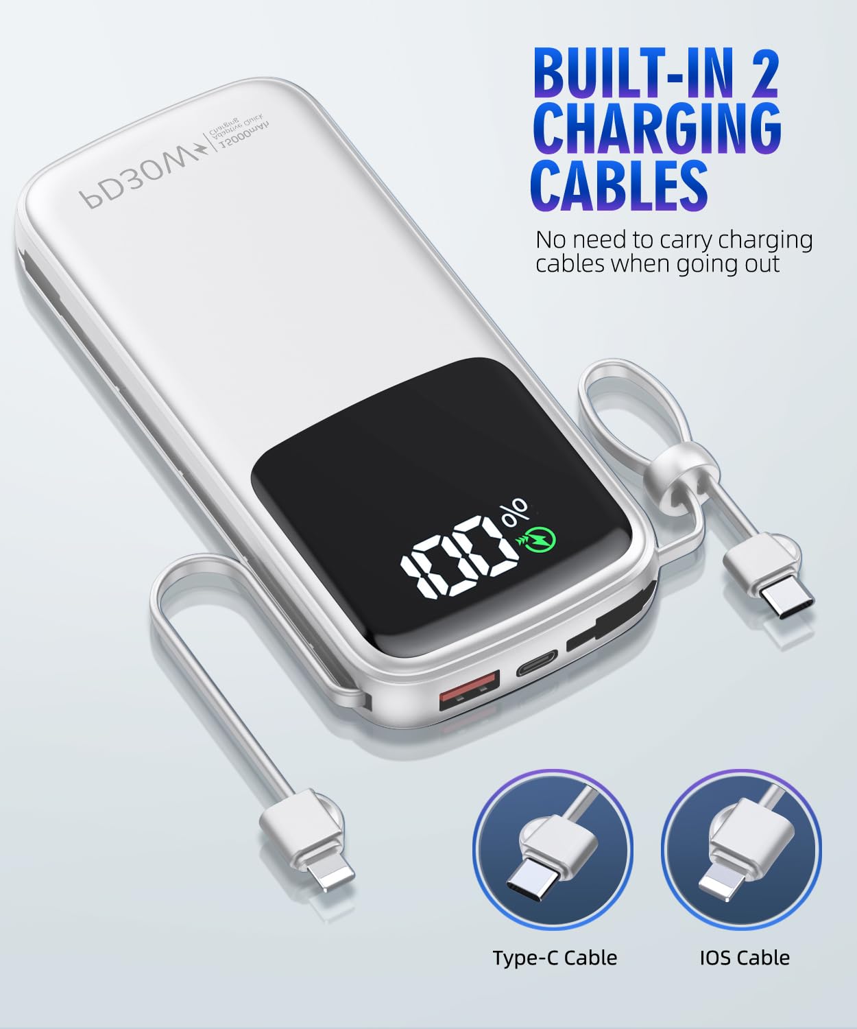 Portable-Charger-Power-Bank - 15000mAh Portable Charger PD30W Fast Charger, Built-in AC Wall Plug and 2 Output Cables with LED Display for iPhone 15 14 13 12 X Samsung S24 S23 Google iPad etc (White)