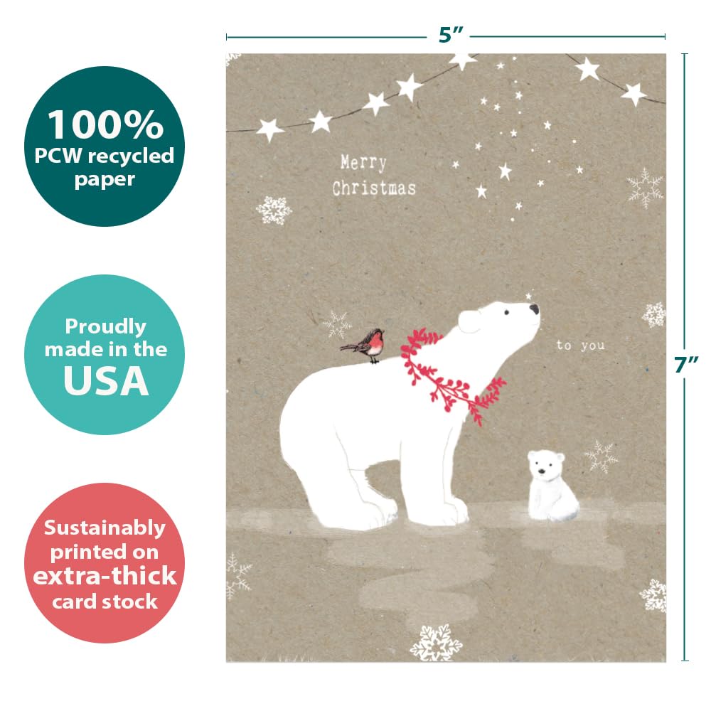 Tree-Free Greetings Holiday Greeting Cards, Polar Bear Merry Christmas, Vintage Brown Recycled Paper, Boxed Note Card Set, 10-Pack (HB93300)