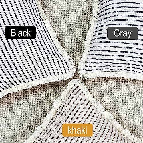 LMYUHONG Linen Throw Pillow Covers 18x18 Set of 2, Black Striped Beige Pillow Covers with Fringe, Boho Decorative Pillows Cover Farmhouse Square Cushion Case for Sofa Couch Bed Living Room Decor