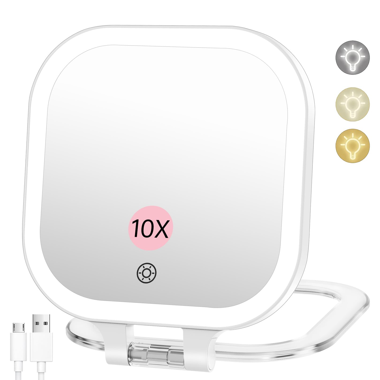 FASCINATE 10X Magnification Rechargeable Travel Makeup Mirror, Lighted Portable Vanity Mirror with 3 Colors Lighting & Stepless Dimming, Double Sided LED Mirror, Gift for Women (White)