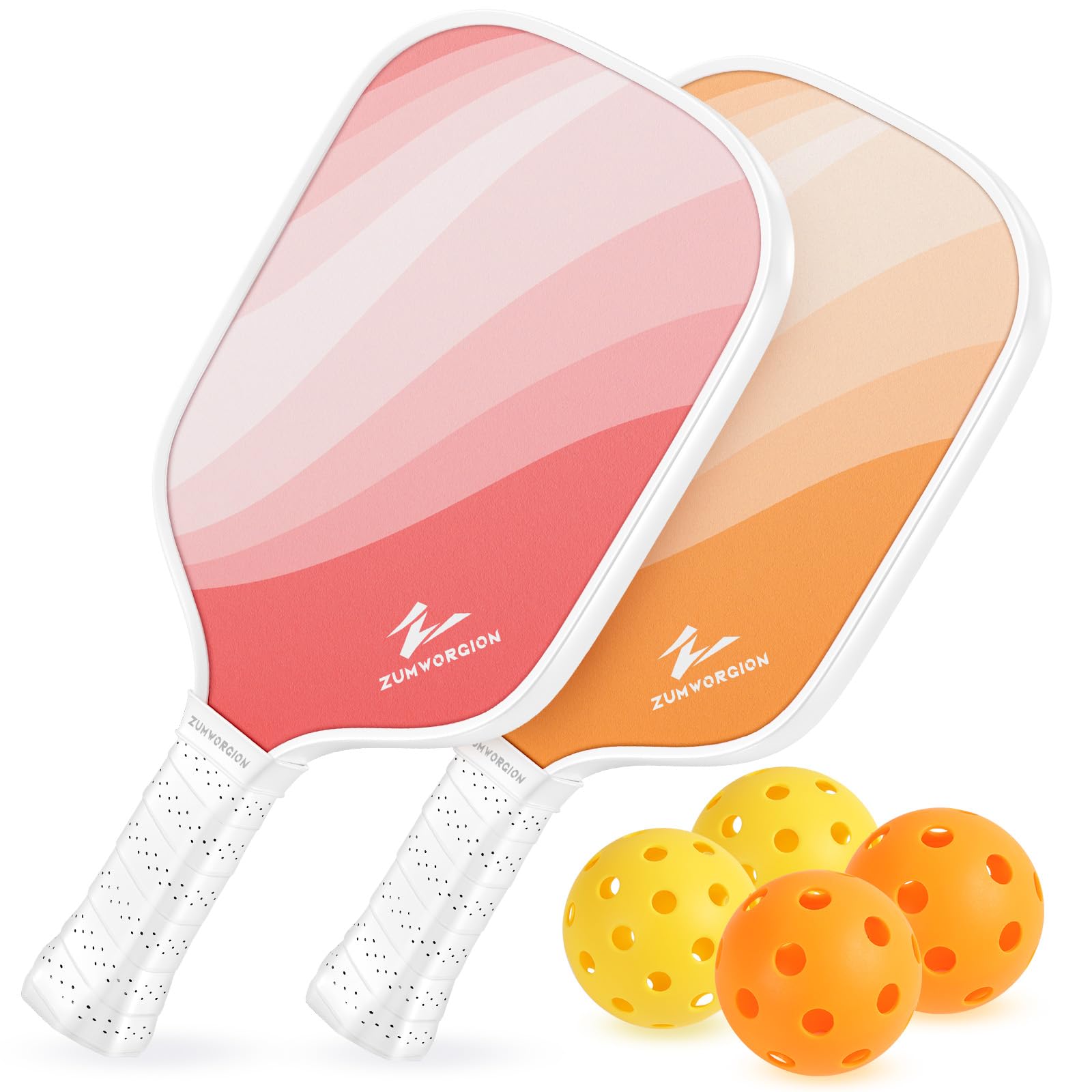 PalProt Pickleball Paddles Set of 2: Cute Pink Orange Fiberglass Rackets with Balls for Beginner - Lightweight Honeycomb Composite Core Spin Racquet for Kids - Women Girly Pickle Equipment | 7oz 14mm