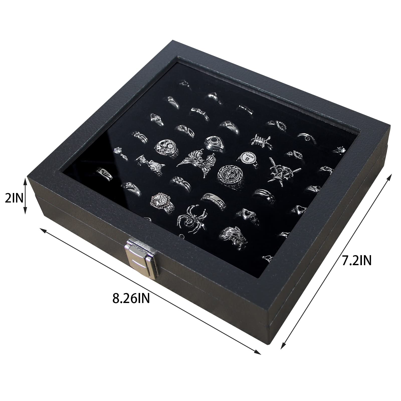 Pangkeep Ring Organizer Display Case,Black Jewelry Storage Tray Boxes for Multiple Rings,Glass Lid,Stackable. (42 Slots)