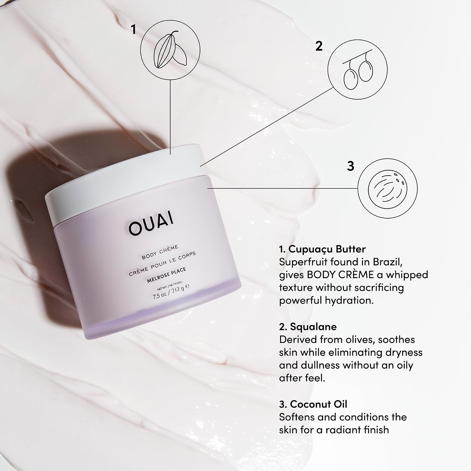 OUAI Body Cream, Melrose Place - Hydrating Whipped Body Cream with Cupuaçu Butter, Coconut Oil and Squalane - Softens Skin and Delivers Healthy-Looking Glow - Sulfate Free Skin Care - 7.5 Oz