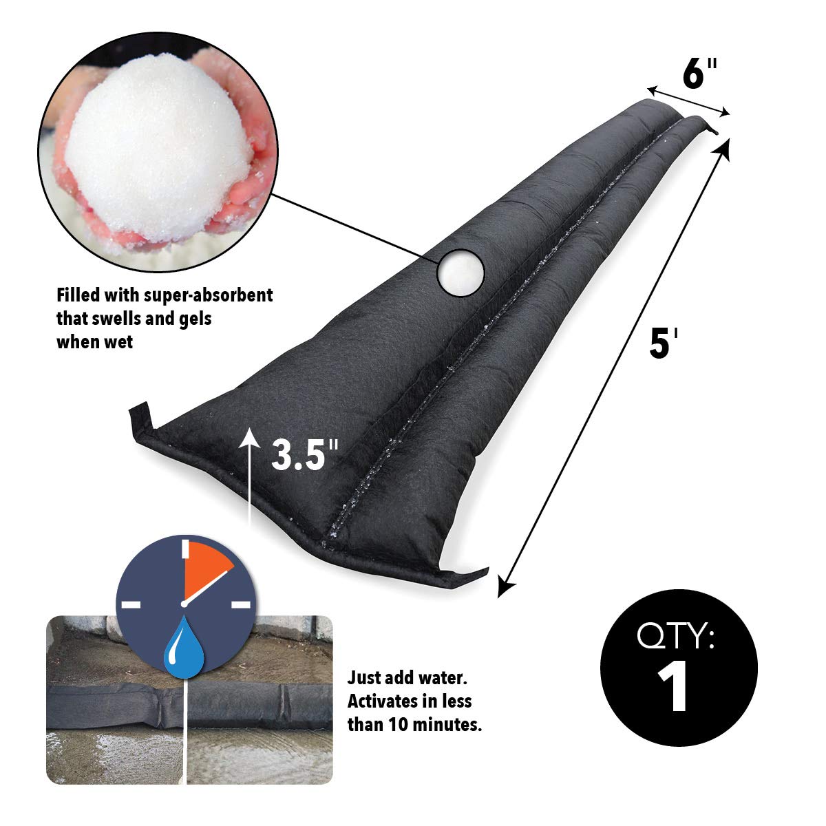 Quick Dam QD65-1 Water-Activated Flood Barrier-5 Feet-1/Pack, 5-ft, Black