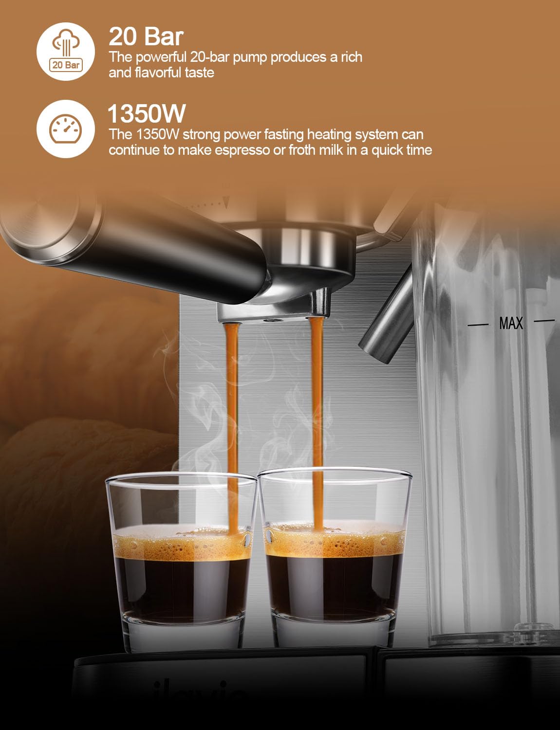 ILAVIE Espresso Machine 20 Bar, 6 in 1 Espresso Coffee Machine Built In Milk Frother for Espresso, Cappuccino and latte with 1000ML Water Tank, 1350W