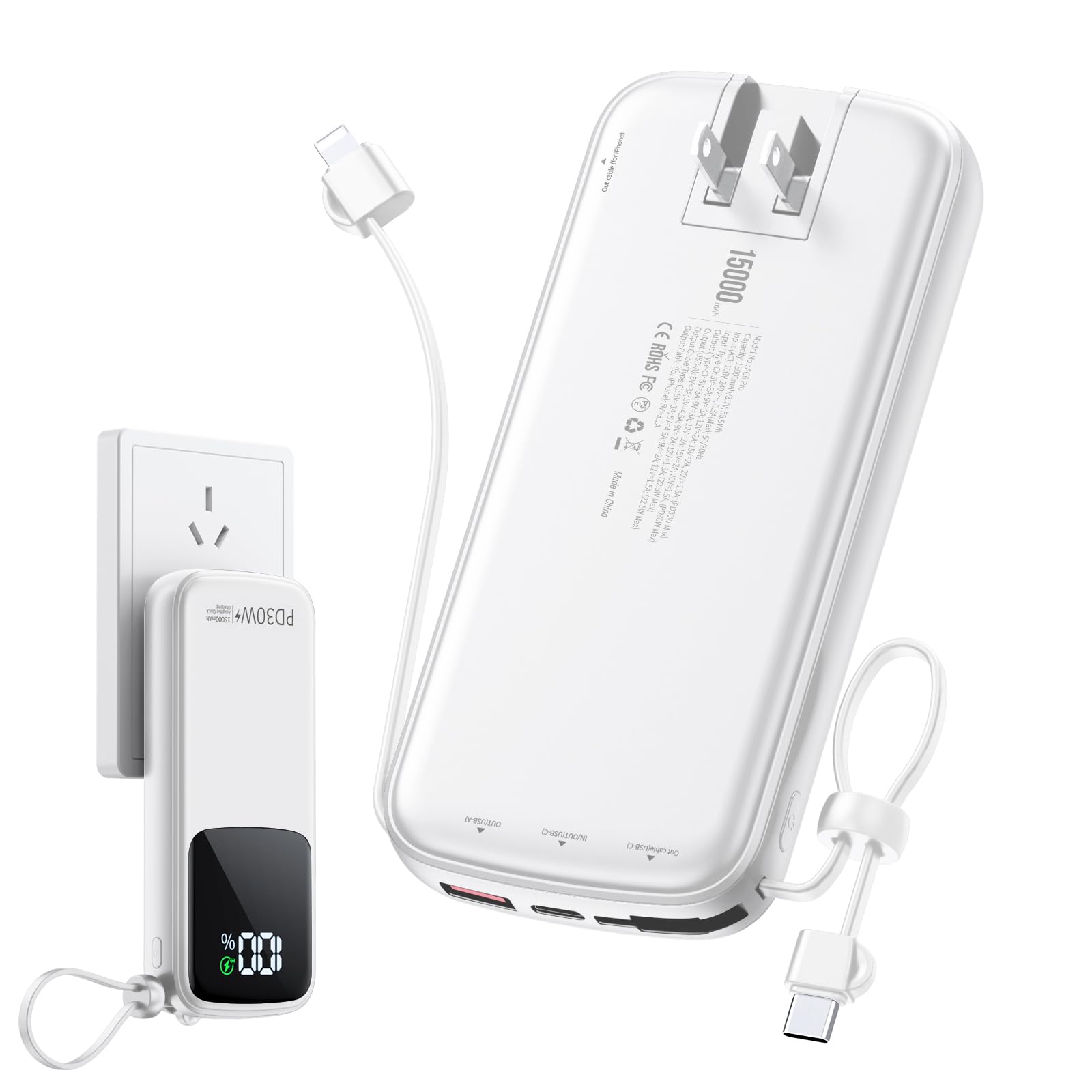 Portable-Charger-Power-Bank - 15000mAh Portable Charger PD30W Fast Charger, Built-in AC Wall Plug and 2 Output Cables with LED Display for iPhone 15 14 13 12 X Samsung S24 S23 Google iPad etc (White)