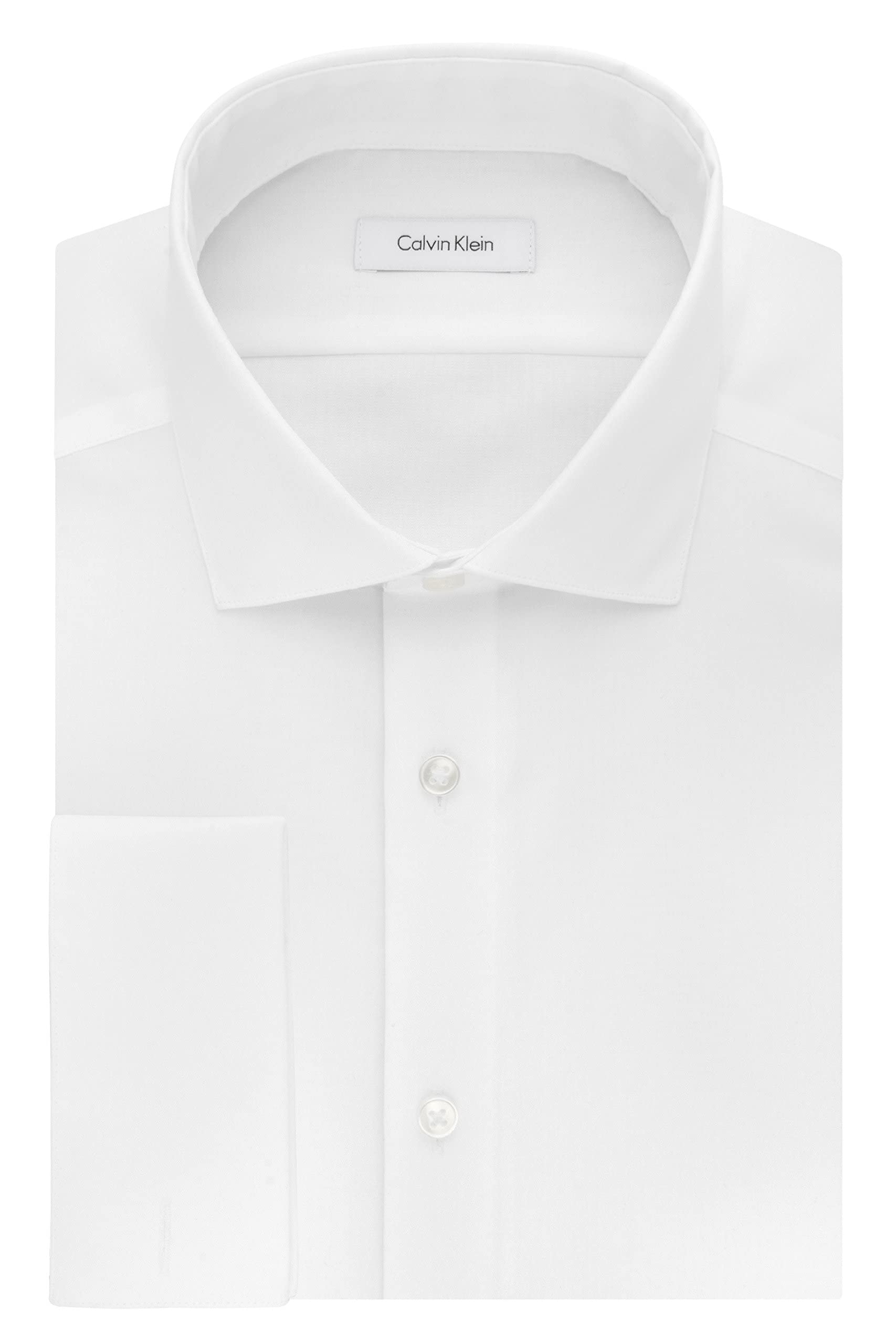 Calvin Klein Men's Big and Tall Dress Shirt Slim Fit Non Iron Herringbone French Cuff, White, 18" Neck 34"-35" Sleeve