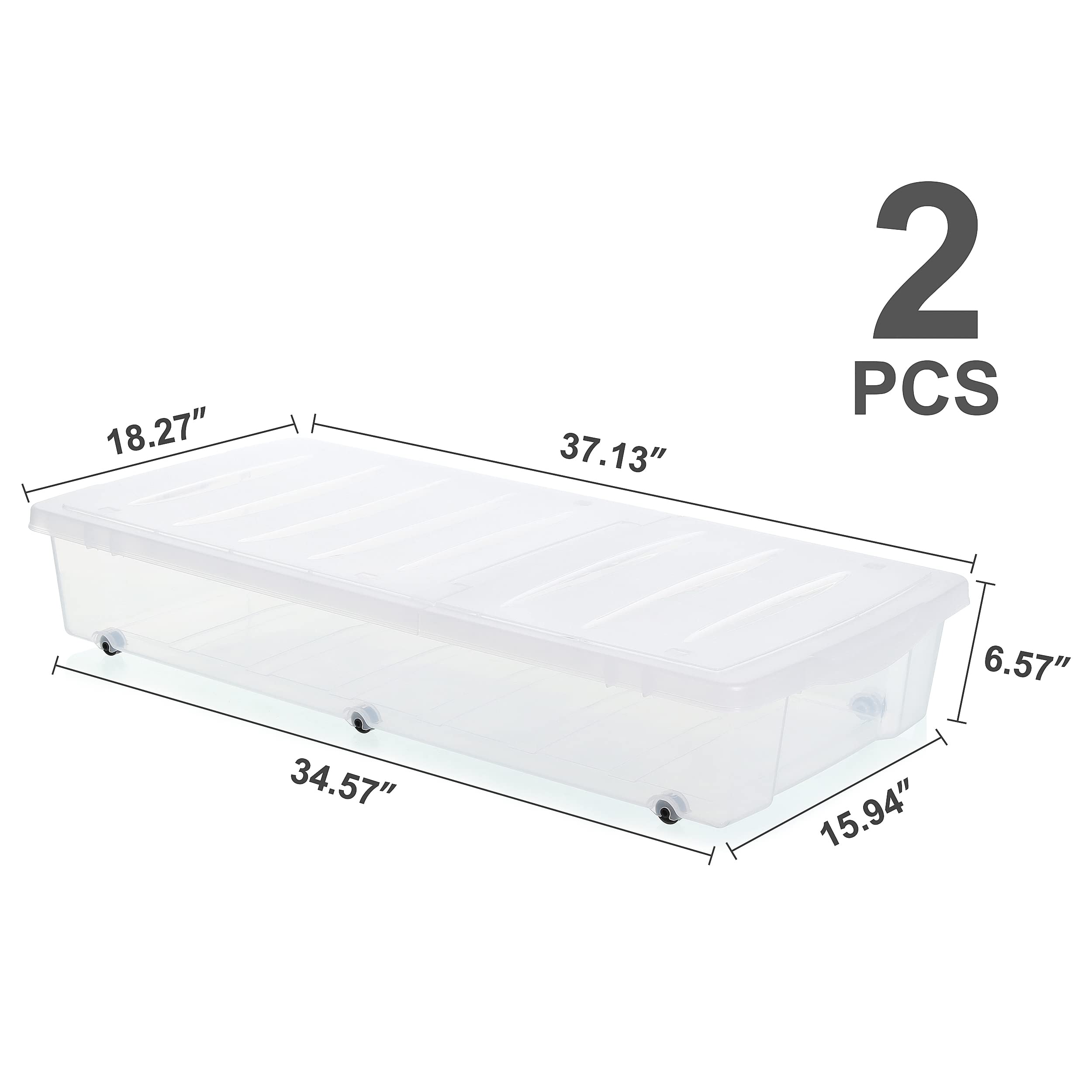 Citylife 2 Packs 57 QT Plastic Under Bed Storage Bins with Double-opening Lids Clear Underbed Storage Containers with Wheels for Organizing Shoes, Blankets, Clothes