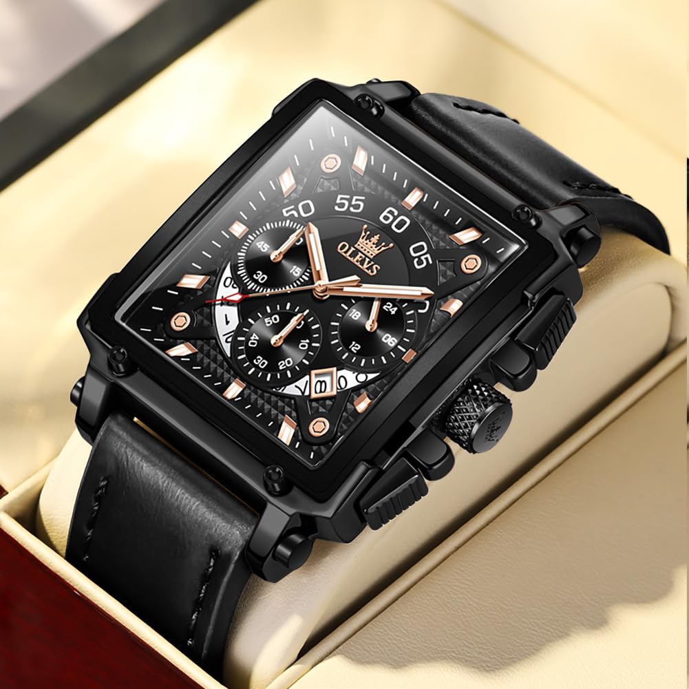 OLEVS Men Square Watch Black Leather Multifunctional Luxury Fashion Men Watch Analog Quartz Waterproof Luminous Casual Watch for Men