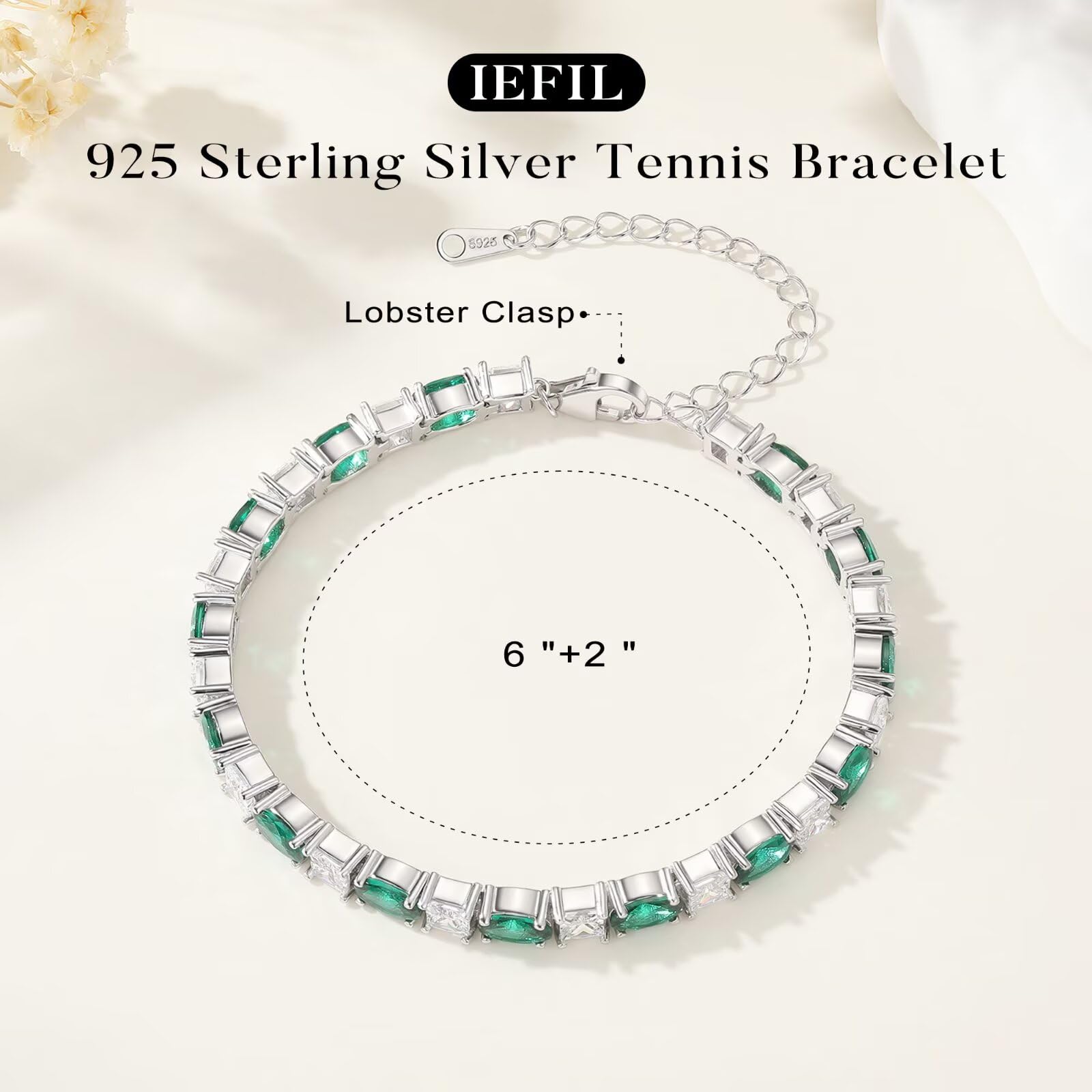 Iefil Tennis Bracelets for Women - 925 Sterling Silver Birthstone Bracelet, May Simulated Emerald Bracelets for Women, Birthstone Jewelry Gifts for Wife Mom Girlfriend