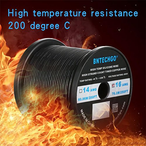 BNTECHGO 16 Gauge Silicone wire spool 250 ft Black Flexible 16 AWG Stranded Tinned Copper Wire