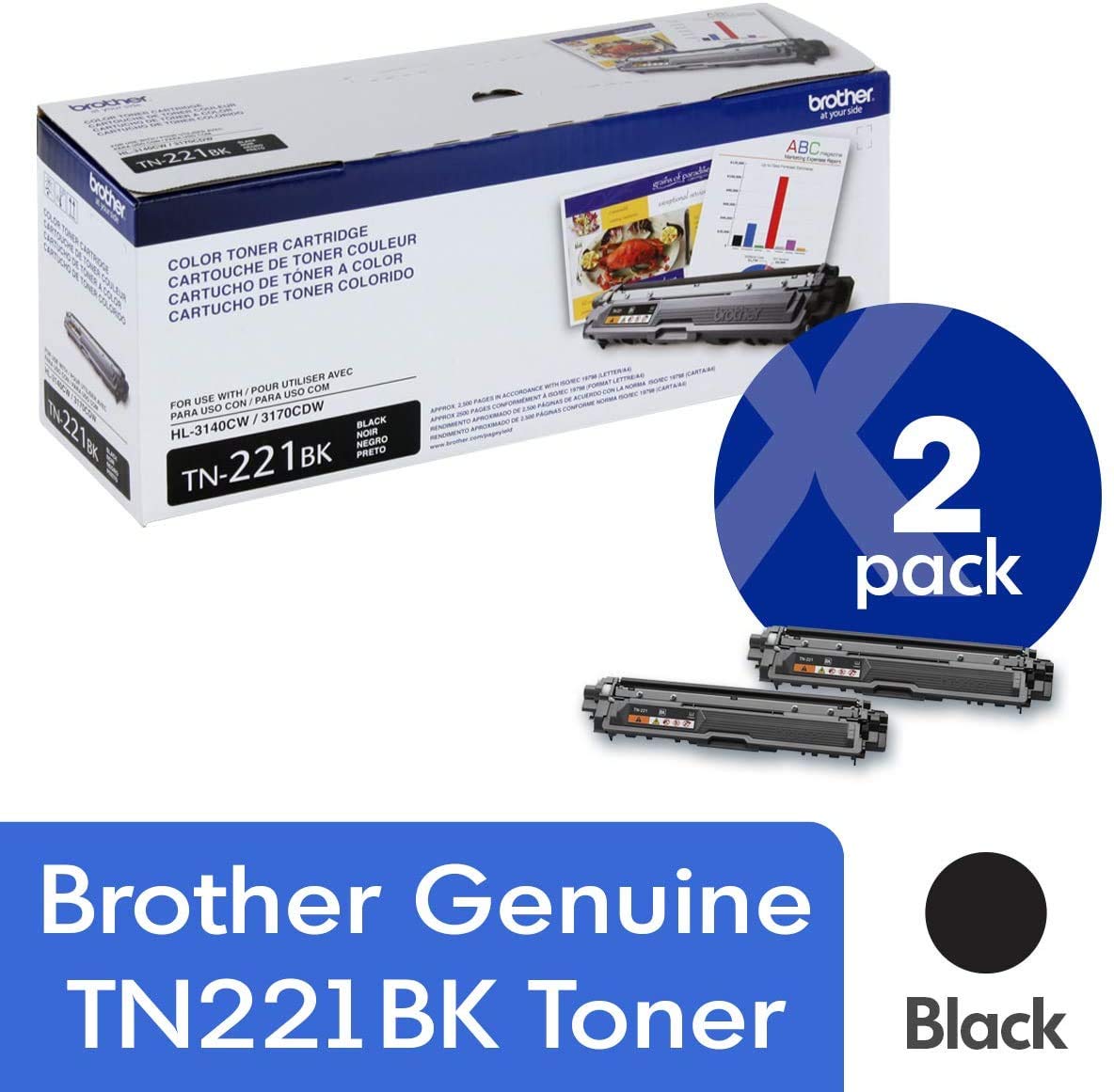 Brother Genuine TN221BK 2-Pack Standard Yield Black Toner Cartridge with Approximately 2,500 Page Yield/Cartridge