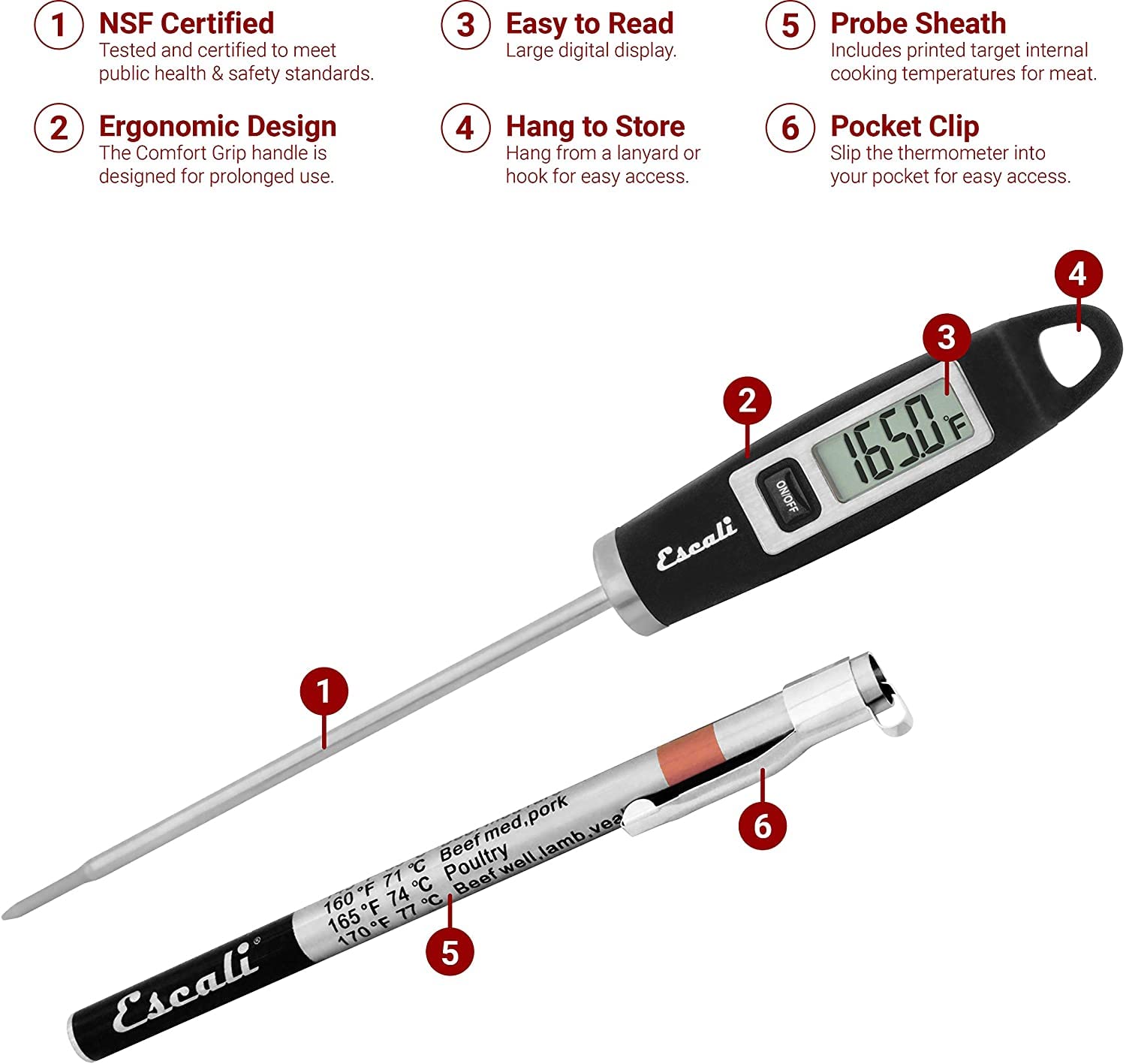 Escali DH1 Gourmet Digital Meat Thermometer with Extra Long Probe, NSF Certified, Black