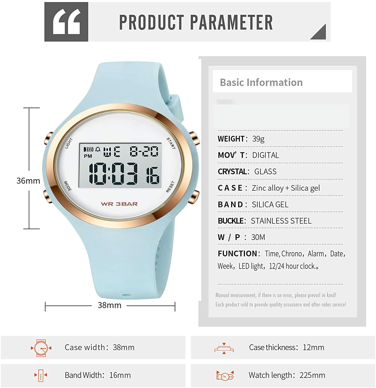 XCZAP Outdoor Sport Watches Alarm Clock 5Bar Waterproof LED Digital Watch（Light Blue-White-one）