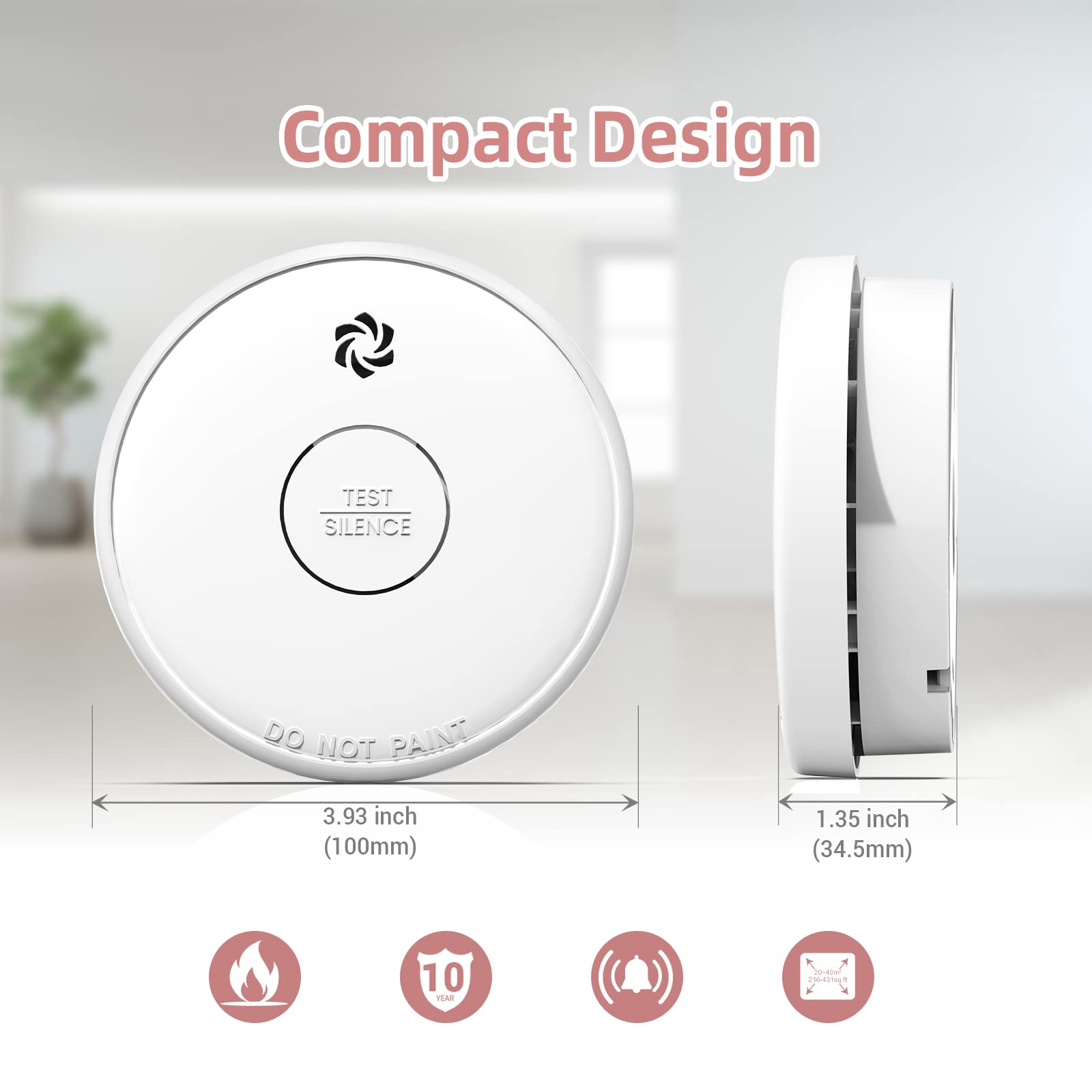 Fire Alarms Smoke Detectors, Smoke Alarm Battery Operated, 10-Year Product Life, Fire Alarm with Test Button & Low Battery Signal, Photoelectric Technology Fire Detectors for Bedroom and Home