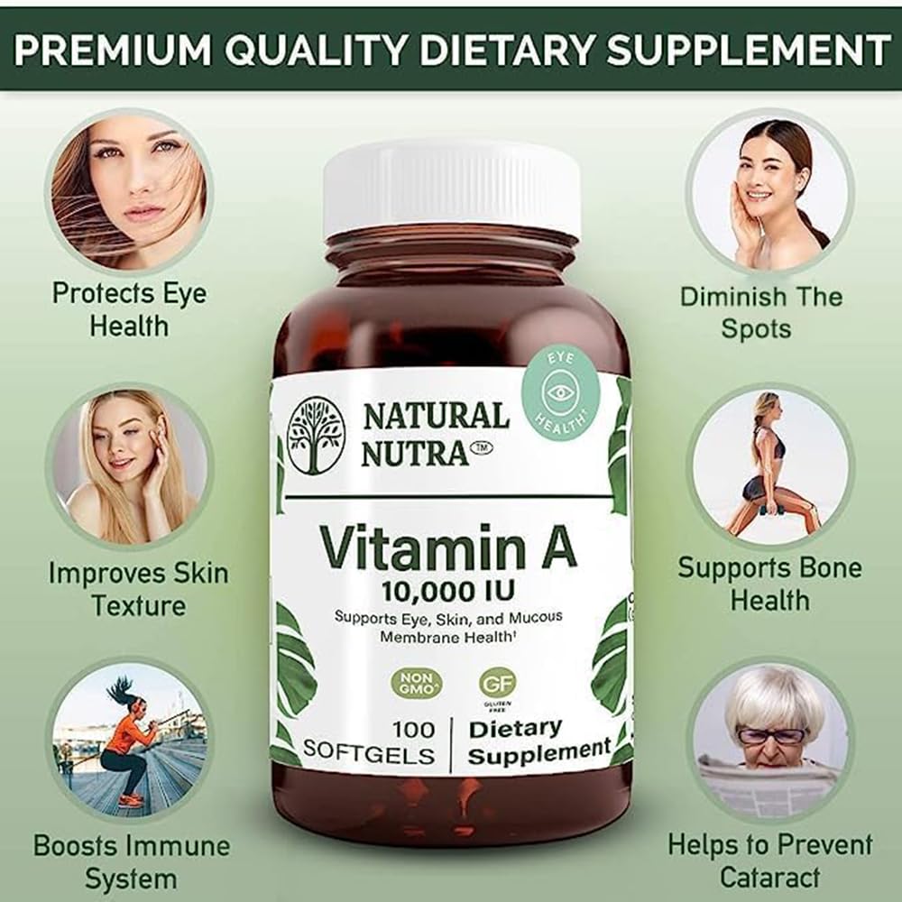 Natural Nutra Vitamin A 10,000 IU, Dietary Supplement from Cod Liver Oil, Extra Strength for Eye, Skin, Nails Health with Omega 3, Gluten Free 100 Softgels