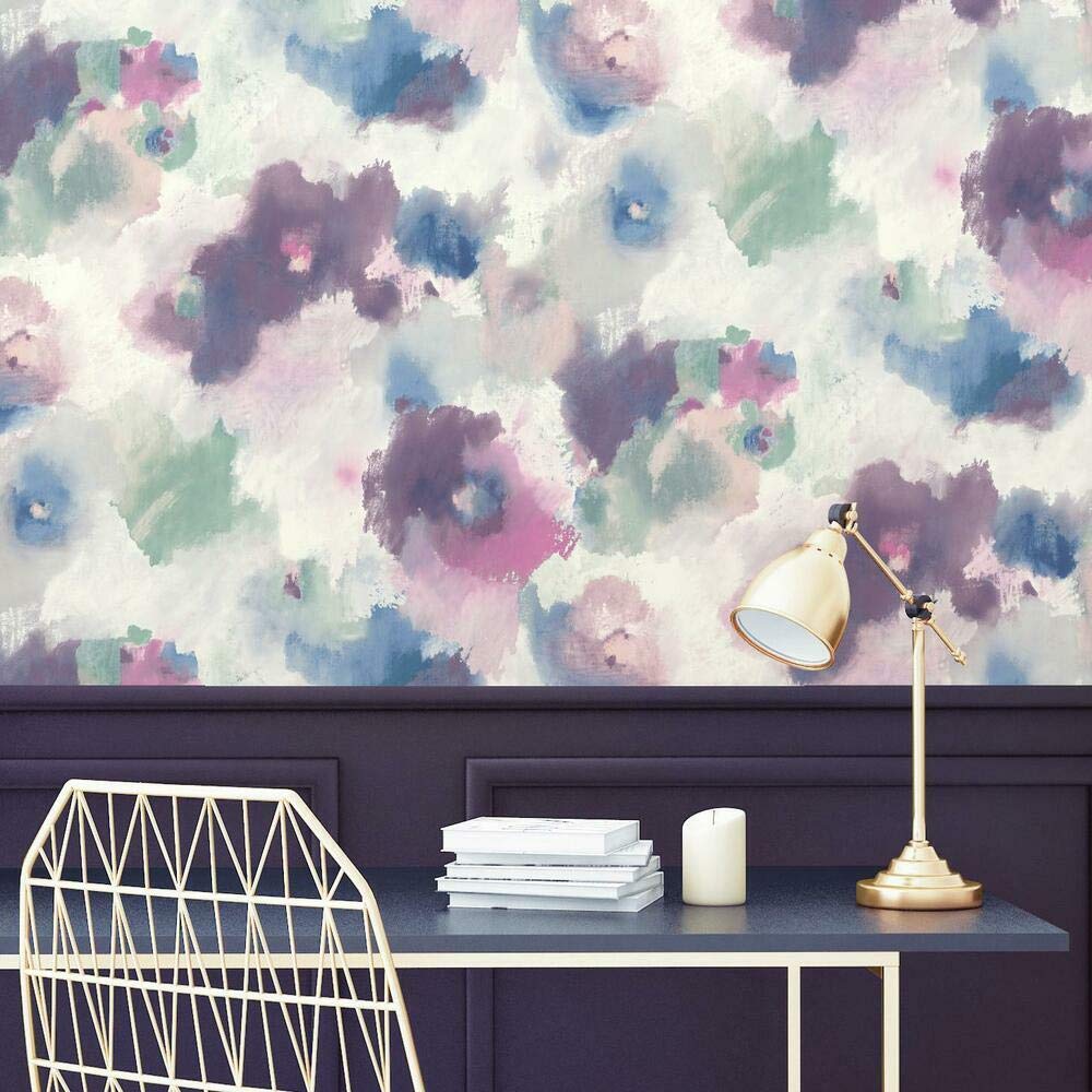 RoomMates RMK11079WP Impressionist Pink and Blue Floral Peel and Stick Wallpaper, 20.5" x 16.6 feet