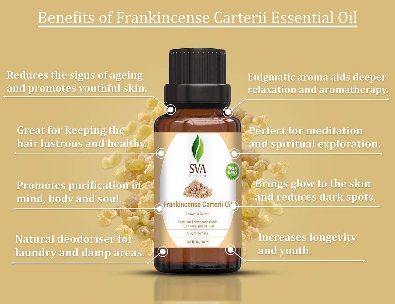 SVA Frankincense Essential Oil – 1/3 Fl Oz – 100% Natural Boswellia Carterii Oil - for Diffuser, Hair Care, Face, Skin Care, Aromatherapy, Scalp and Body Massage, Soap and Candle Making