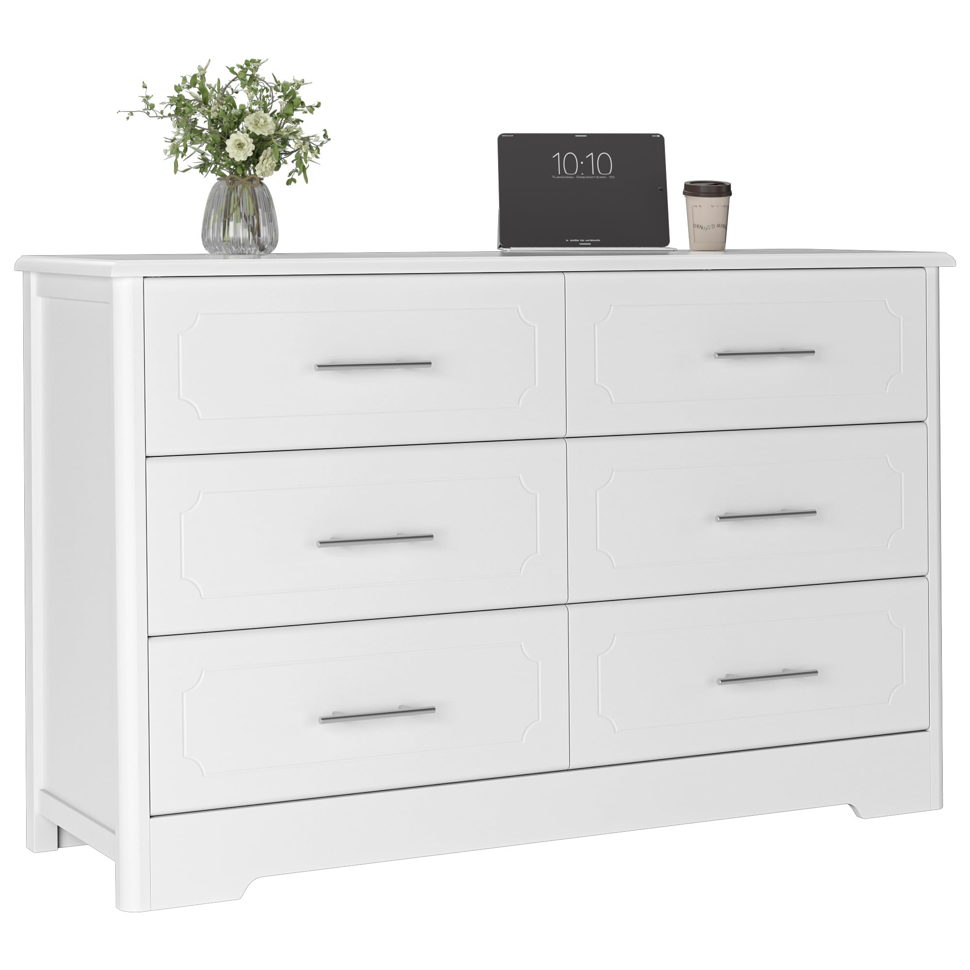 HOSTACK 6 Drawer Dresser, Modern White Wide Chest of Drawers with Metal Handels, Wood Double Dresser, Storage Chest Organizers for Living Room, Hallway, Entryway, White