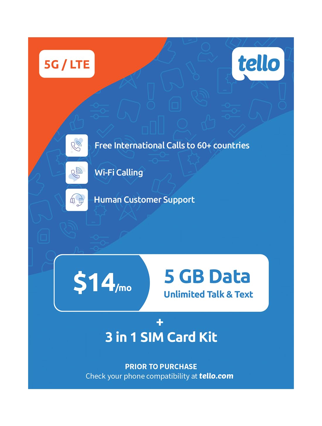 $14/Month - 5GB Data + Unlimited Minutes & Texts | Tello Mobile US Prepaid Phone Plan | Bring Your Own Phone Kit | 3 in 1 SIM Card Included | US Nation-Wide 4G LTE/5G Coverage