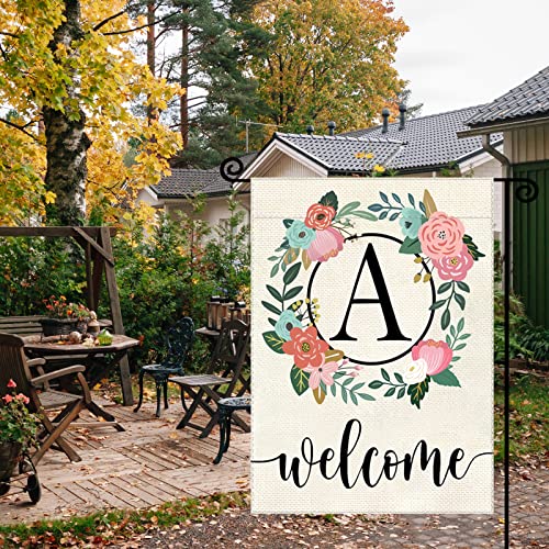 YeeCASE Monogram Letter Garden Flag Floral 12x18 Inch Double Sided for Outside Small Burlap Family Last Name Initial Yard Flag (N)